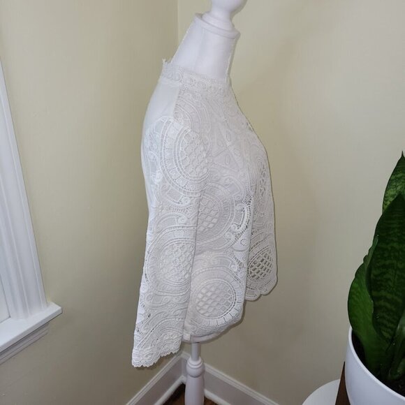 Anthropologie James Coviello Medallion Lace Front Mock Neck Ivory Blouse SZ SP - Picture 7 of 12